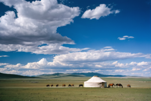 Yourte et chevaux au milieu d’une vaste plaine mongole, sous un ciel couvert et dramatique